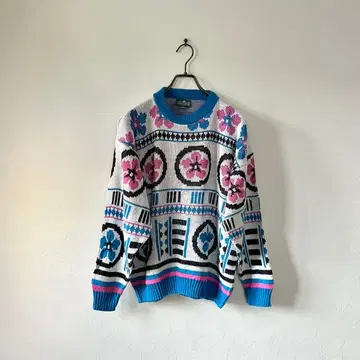 미국제 빈티지 총무늬 니트 꽃무늬 아트 개성있는 걸리시 아크릴 L