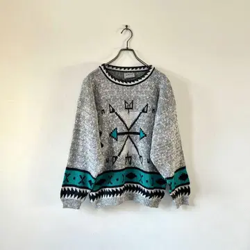 미국제 빈티지 네이티브 무늬 니트 올 패턴 M 아메카지 오샤레 그린 블랙