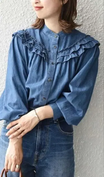 SHIPS 데님 프릴 긴팔 셔츠