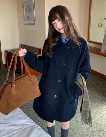 LUMIYUMI 울 블렌드 접이식 옷깃 미들 코트