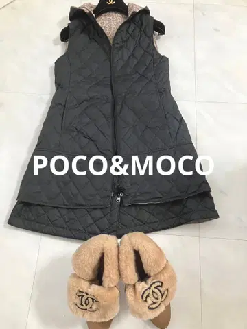 POCO&MOCO 후드 부착 블랙 퀼팅 다운 베스트. 스카 트