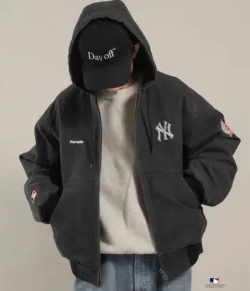 Perushu MLB 콜라보 충전솜 퀼팅 덕 후드 블루종 양키스