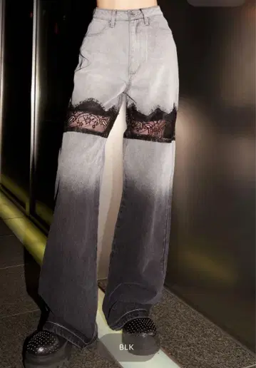 다리치 스캘럽 레이스 데님 롱 팬츠