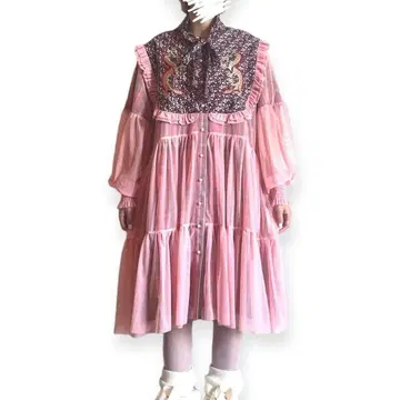 HEIHEI 드래곤 자수 드래곤 시스루 원피스 핑크