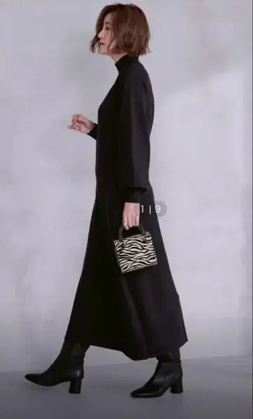 하이넥 래글런 슬리브 플레어 원피스