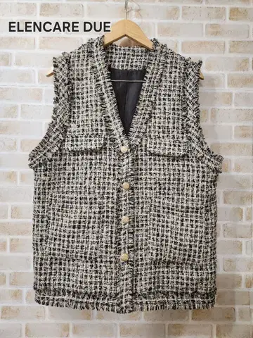 새상품 ELENCARE DUE 트위드 노카라 베스트 골드