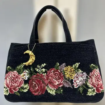 아른조 꽃무늬 자수 토트백 블랙 셔닐 직조