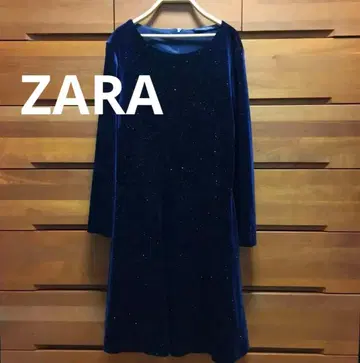 새상품급 ZARA BASIC 네이비 라메 벨로아 A라인 원피스 7부 소매