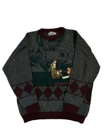 아가일 패턴 니트 스웨터 그레이/버건디