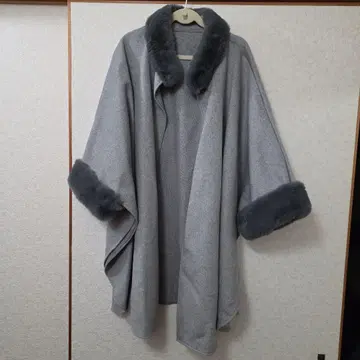 그레이 퍼 옷깃 판초 케이프 코트