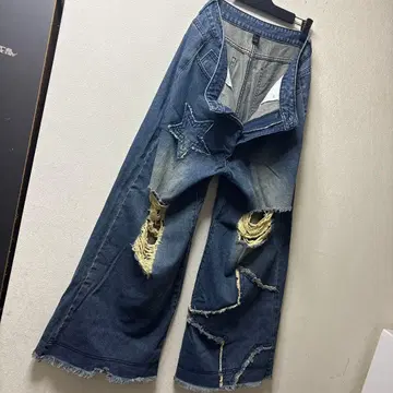 ROMWE 와이드 플레어 데미지 별 모양 패치워크 데님 팬츠