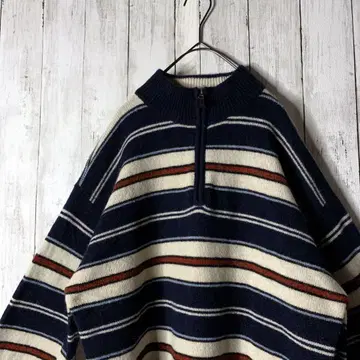 구제 의류 보더 니트 스웨터 하프 지퍼 멀티 컬러 빅 루즈 L-XL