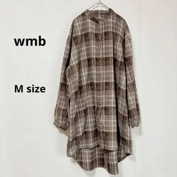 wmb 튜닉 원피스 M 체크 무늬 밴드 카라 브라운 긴팔
