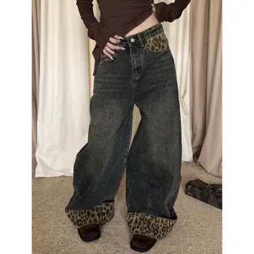 헤이세이 갸루 다크 데님 와이드 레그 팬츠 레오파드 무늬 Y2K