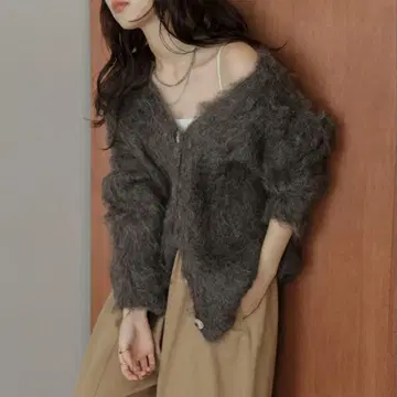 AMELY 샤기 니트 가디건 브라운