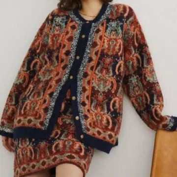 유니테이지 부클레 총 패턴 자카드 니트 가디건 네이비