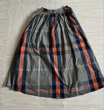 카키 오렌지 체크 롱 스커트 나일론 프리 사이즈 여성용 하의