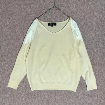 쿠 드 샹스 니트 레이스 포함 베이지 울 캐시미어 혼방