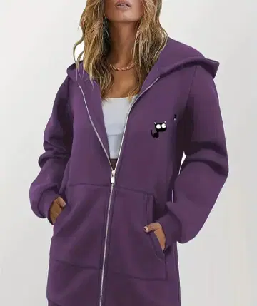 원 포인트 후드 부착 집업 롱 기장 후드티 퍼플