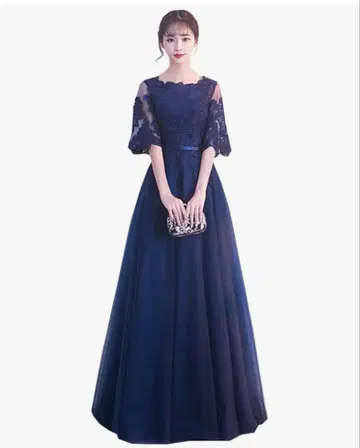 네이비 롱 드레스 긴팔 포멀 발표회 연주회