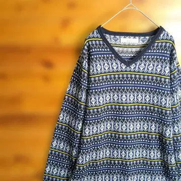 이카 니트 스웨터 L 페어아일 노르딕 기하학 패턴