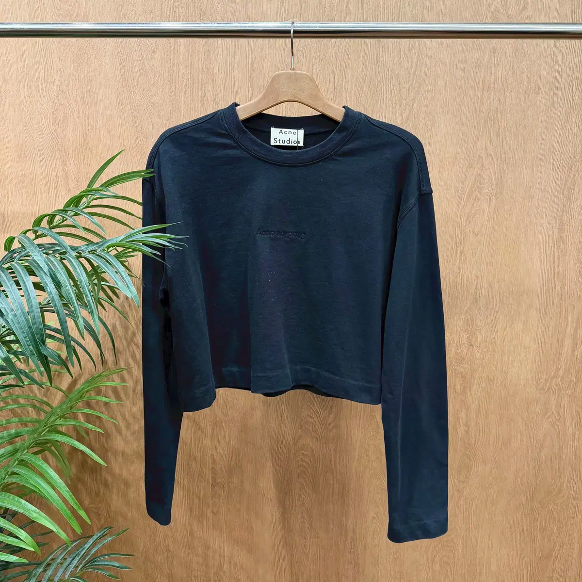 Acne Studio Roundneck Long Sleeve Cropped Sweatshirt with Logo Embroidery Detail in Black