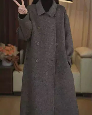 브라운 울 혼방 더블 브레스트 롱 코트