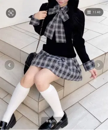 INGNI 체크 무늬 보타이 셔츠 도킹 니트 원피스 블랙