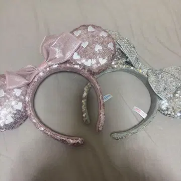 하트 무늬 핑크 라메 믹스 실버 머리띠 세트