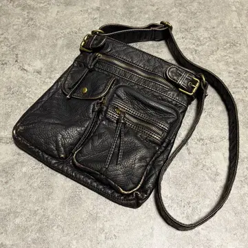 Y2K 숄더백 데미지 가공 천연 가죽 기믹 다중 수납 트렌드 블랙 골드