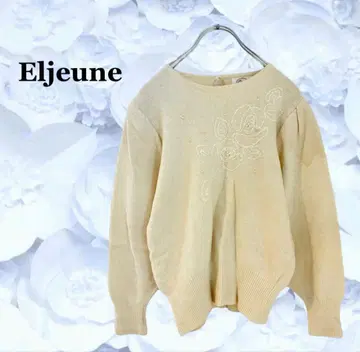 [엘르준느] 니트 스웨터 [M] 아이보리 꽃무늬 비즈 자수 일본제