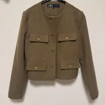 ZARA 트위드 노카라 자켓 올리브 그린
