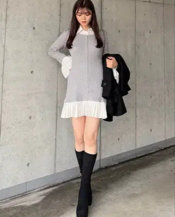 rienda 레이어드 패턴 셔츠 니트 미니 원피스