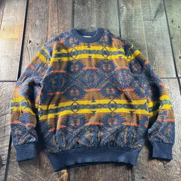 구제 의류 총 패턴 니트 울 니트 L 불스아이 기하학 패턴 네이비 일본제