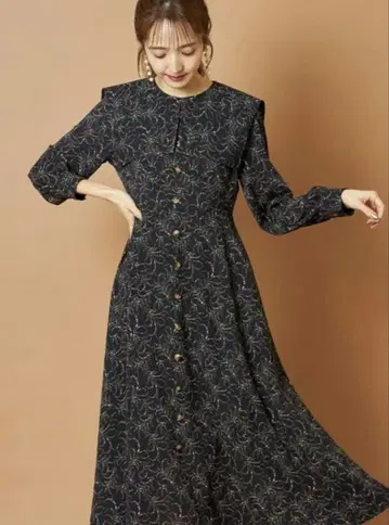 장식 단추 빅 세일러 카라 클래시컬 플라워 프린트 원피스 블랙