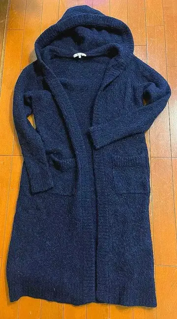 쓰리닷츠 다크 네이비 후드 부착 롱 가디건