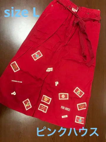 핑크하우스 A라인 롱 스커트 레드 패치워크 와펜 곰