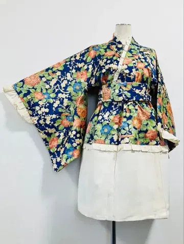 기모노 리메이크 순수 실크 파랑 세퍼레이트 프리 사이즈 핸드메이드