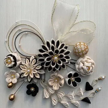 츠마미자이쿠 머리 장식 블랙 골드 성인식 졸업식 결혼식 사전 촬영 입학식