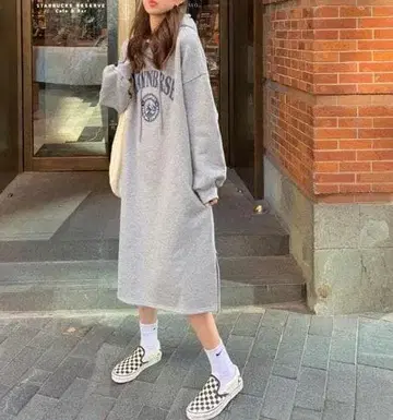 그레이 후드 부착 맨투맨 원피스