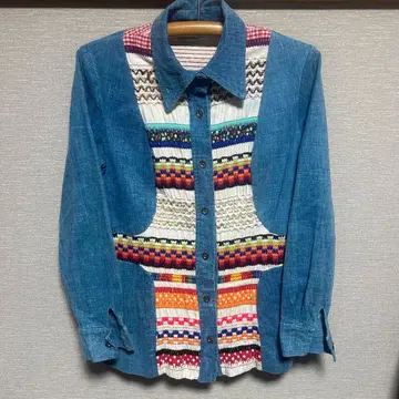 아름다운 패치워크 70s 데님 웨스턴 셔츠 카라심 없음
