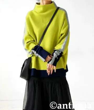 antiqua 안티카 더블 자카드 배색 니트 라임 오버 사이즈