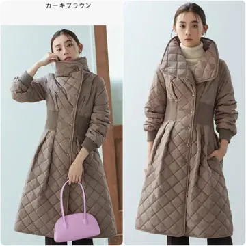 새상품급 라이트 충전솜 퀼팅 코트 L 롱 카키 브라운