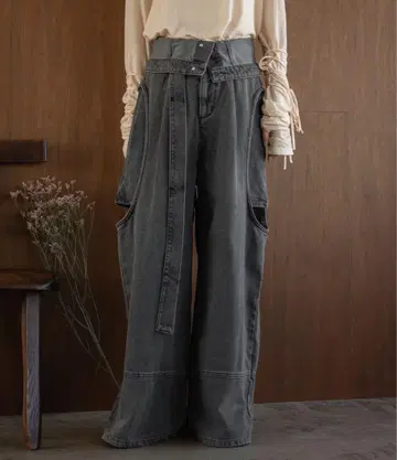 mideal 마이딜 컷 아웃 디자인 와이드 데님 그레이 S