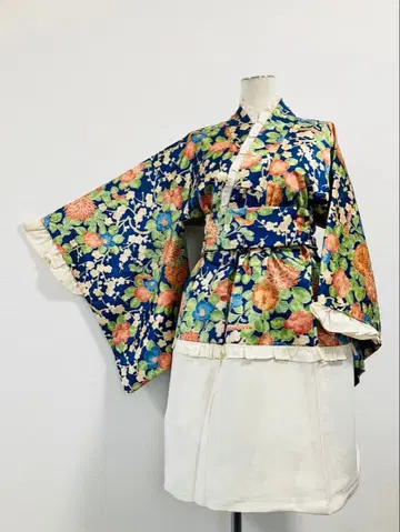 기모노 리메이크 순수 실크 파랑 세퍼레이트 프리 사이즈 핸드메이드