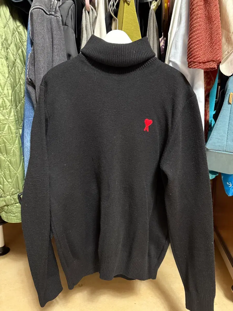 Ami Small Heart Logo Merino Wool Turtleneck Knit