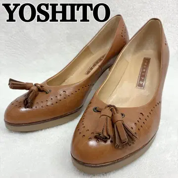 YOSHITO 펌프스 플레인토 청키힐 프린지 브라운