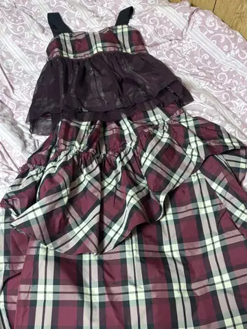 뷔스티에 & 스커트 셋업 와인 레드 체크 무늬