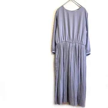 그라시아 원피스 플리츠 롱 기장 허리 절개 긴팔 백 버튼 블루