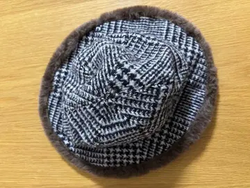 카오리노모리 퍼 모자 햇 하운드투스 체크 패턴 트위드